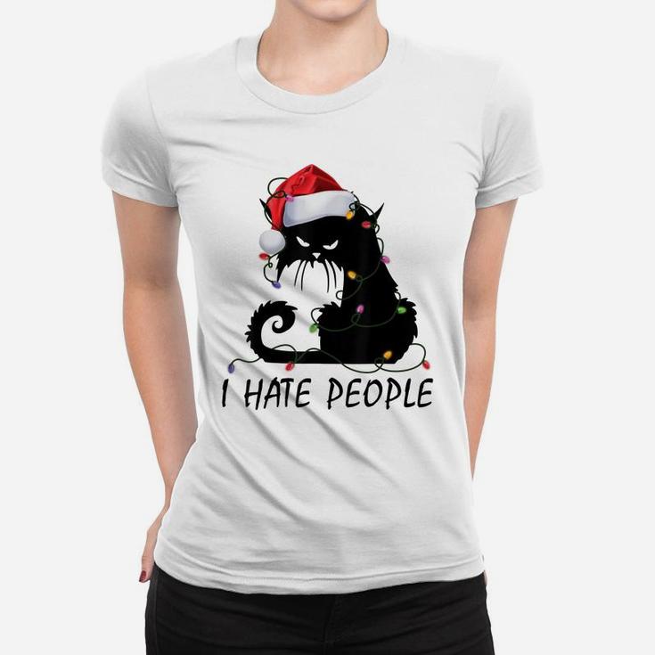 I Hate People Black Cat Santa Hat Christmas Light Xmas Gifts Women T-shirt