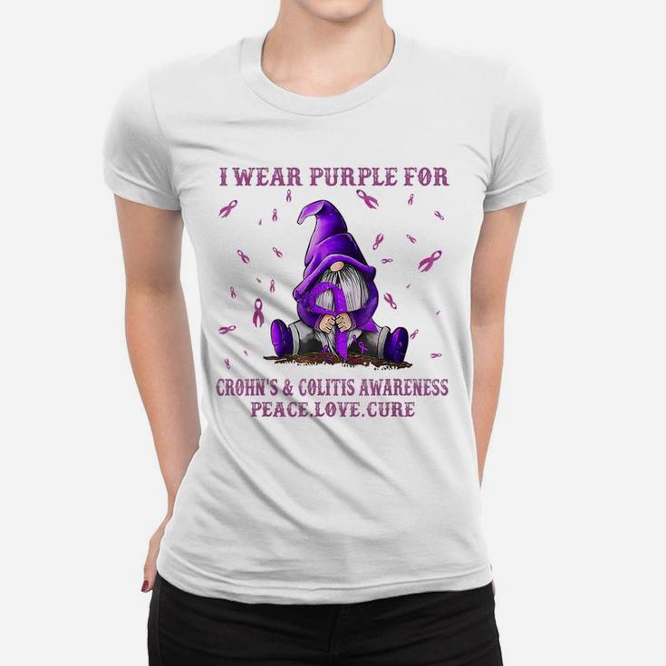 I Wear Purple For Crohn's & Colitis Awareness Gift Gnome Women T-shirt