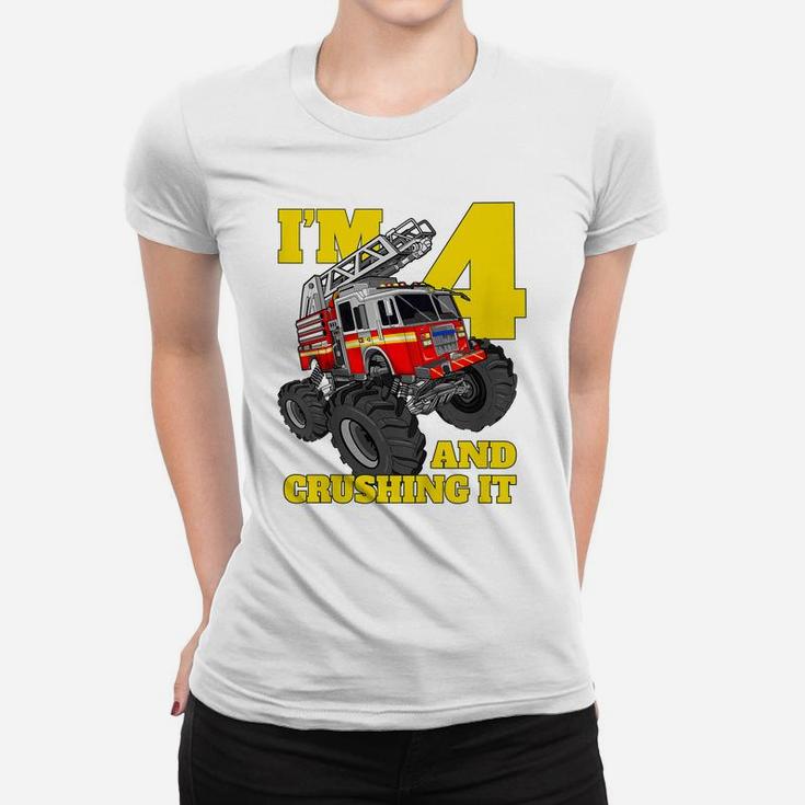 Kids Monster Fire Truck 4Th Shirt Birthday Boy 4 Firefighter Gift Women T-shirt