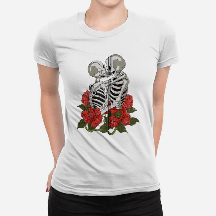 Kissing Skulls Skeletons Red Roses Flowers Death Goth Zip Hoodie Women T-shirt