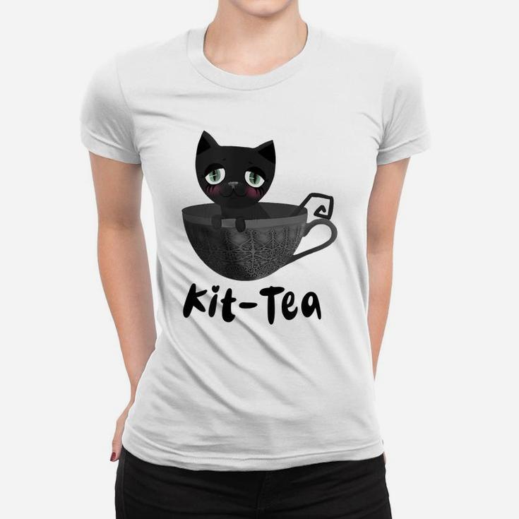 Kit-Tea Kitty Lovers Funny Black Cat Dark Grey Teacup Cute Women T-shirt