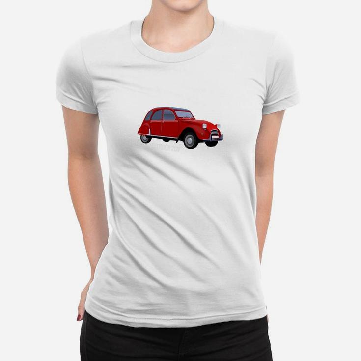 Klassisches Auto Design Frauen Tshirt in Weiß, Retro Fahrzeug Tee