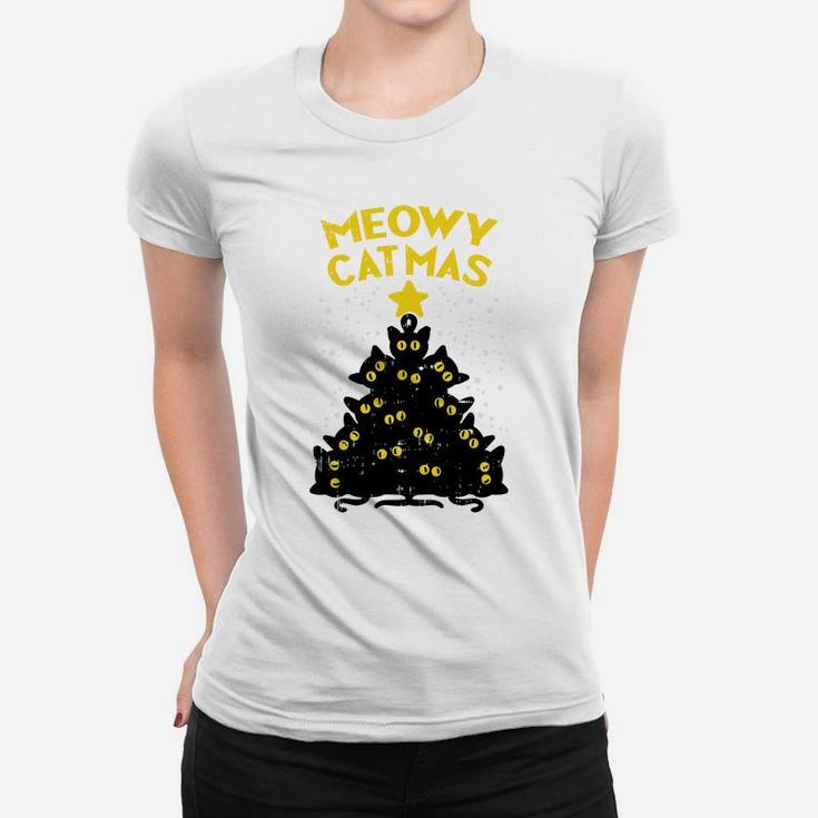 Meowy Catmas Black Cats Tree Funny Cat Owner Christmas Gift Sweatshirt Women T-shirt