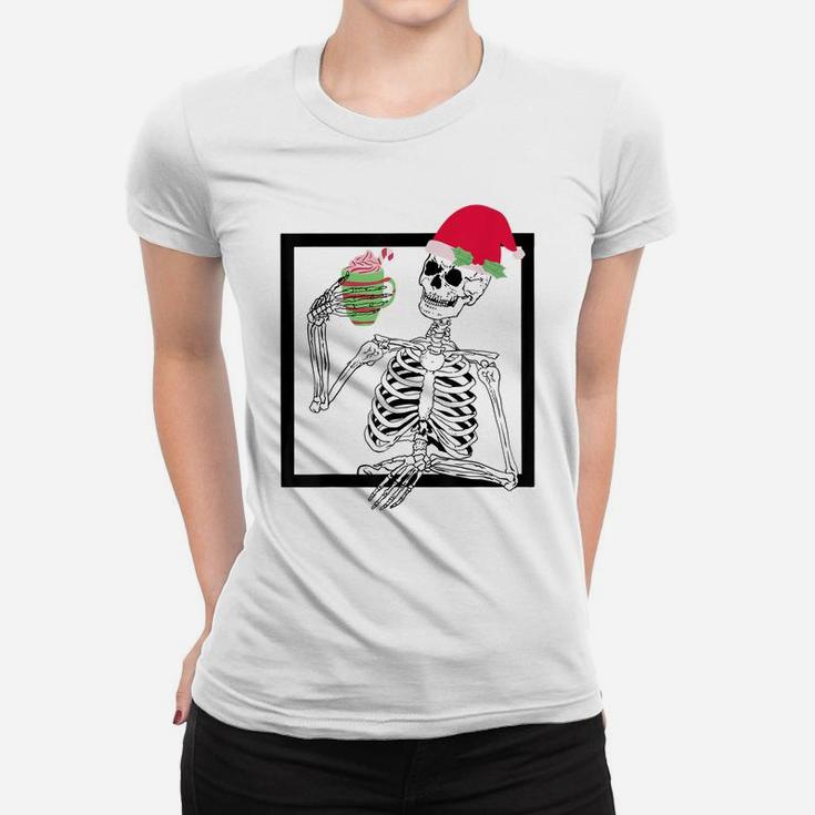 Merry Christmas Funny Santa Hat Christmas Drink Skeleton Women T-shirt