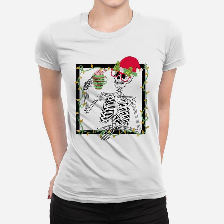 Merry Christmas Funny Santa Hat Christmas Drink Skeleton Zip Hoodie Women T-shirt