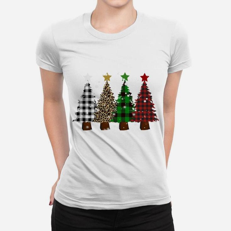 Merry Christmas Trees With Buffalo Plaid And Leopard Design Sweatshirt Women T-shirt
