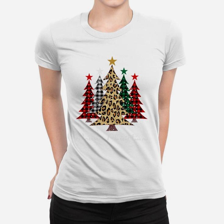 Merry Christmas Trees With Buffalo Plaid & Leopard Design Women T-shirt