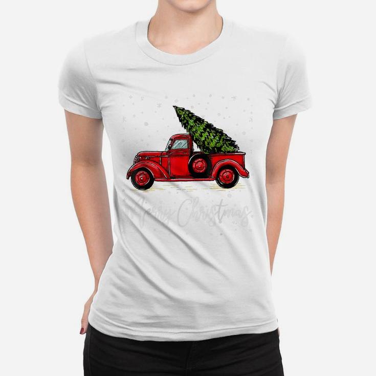 Merry Christmas Truck Red With Tree Xmas Pajama Funny Women T-shirt