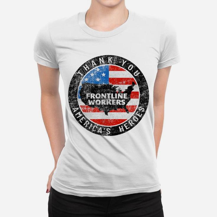 Printed 2 Sides Retro Thank You Frontline Workers Us Flag Women T-shirt