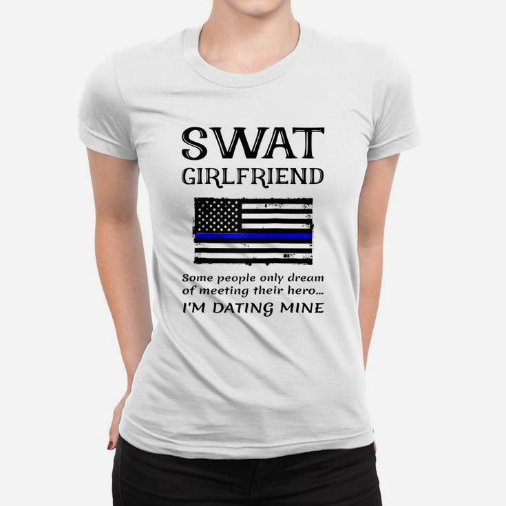 Proud Swat Girlfriend Special Forces Us Flag Thin Blue Line Raglan Baseball Tee Women T-shirt