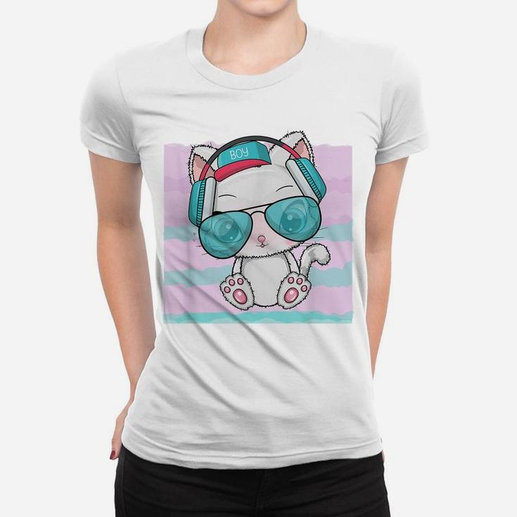 Rave Kitty Cat Pastel Blue Pink Wave Headphones Music Lovers Women T-shirt