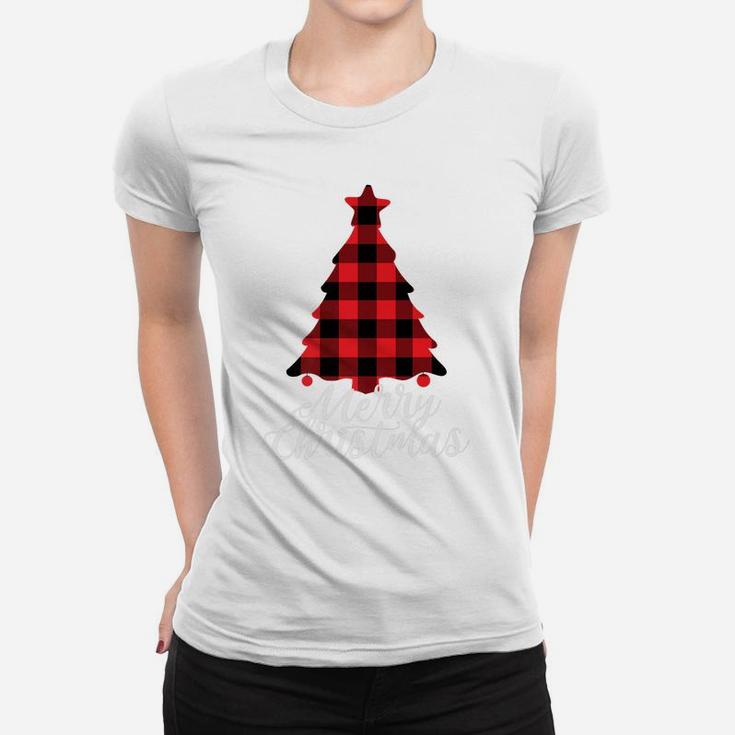 Red Buffalo Check Plaid Merry Christmas Tree Holiday Gift Women T-shirt