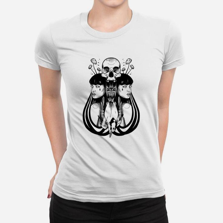 Schädel & Gesichter Motiv Unisex Frauen Tshirt, Surreales Design in Schwarz-Weiß
