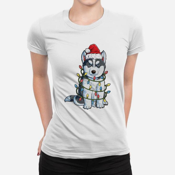 Siberian Husky Santa Christmas Tree Lights Xmas Gifts Boys Sweatshirt Women T-shirt