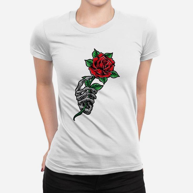 Skeleton Hand Holding A Red Rose Flower Cool Aesthetic Women T-shirt