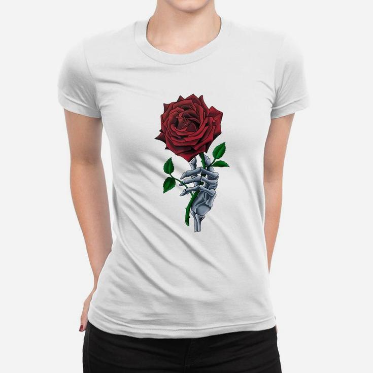 Skeleton Hand Red Rose Flower Women T-shirt