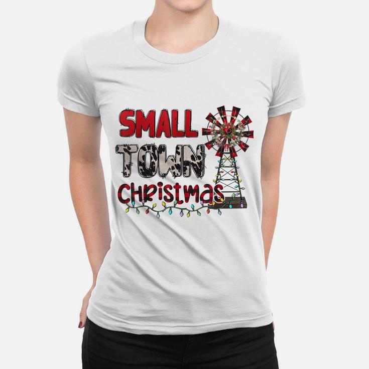 Small Town Christmas Windmill Red Plaid Cowhide Xmas Women T-shirt