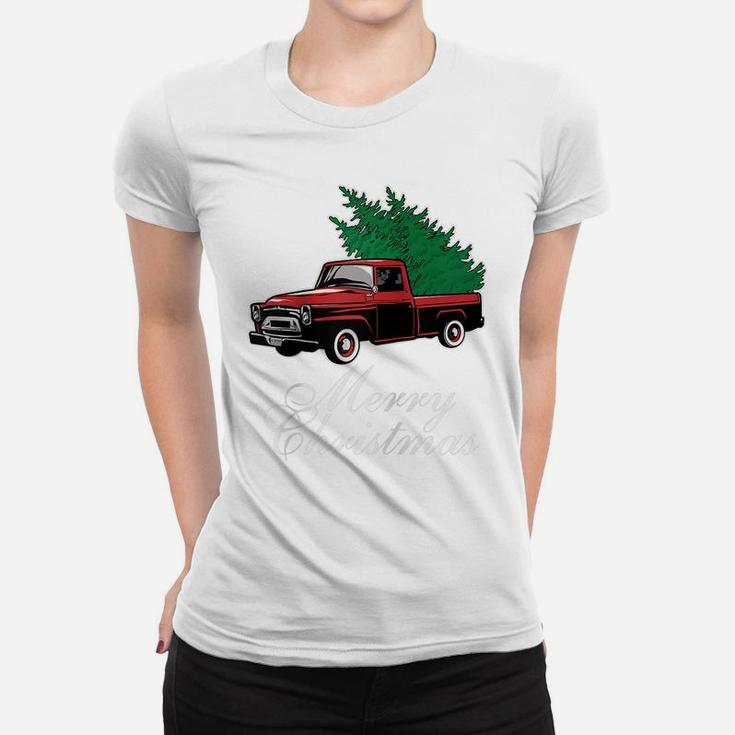 Vintage Red Truck Christmas Tree Merry Xmas Family Pajamas Raglan Baseball Tee Women T-shirt