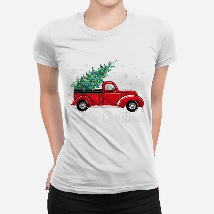 Vintage Red Truck With Merry Christmas Tree Women T-shirt