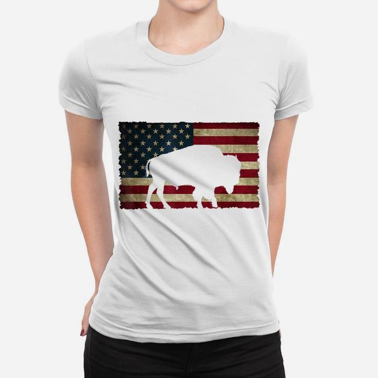 Vintage Retro Buffalo American Flag Usa Shirt Bison Women T-shirt