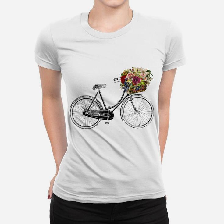 Vintage Sketch Drawing Bike Bicycle Flower Basket Women T-shirt