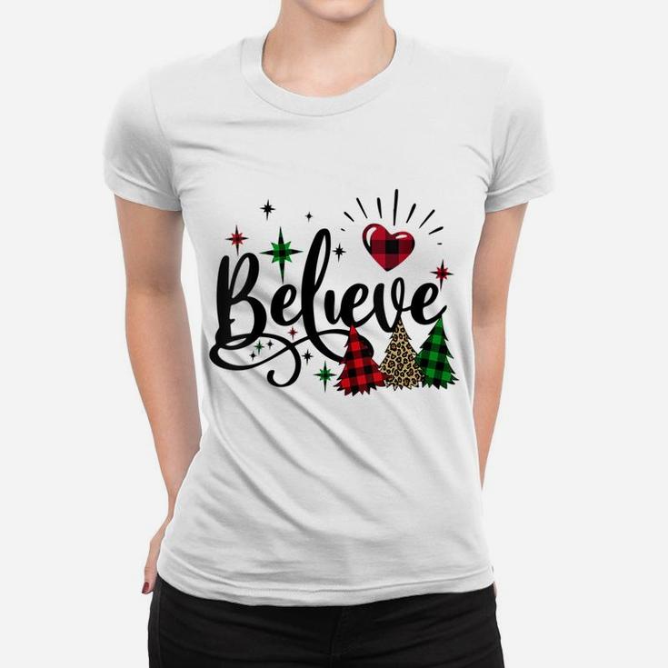 Womens Believe Heart Peace Love Christmas Buffalo Plaid Xmas Tree Women T-shirt