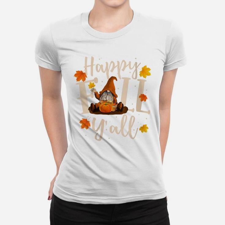 Womens Happy Fall Y'all Cute Gnomes Pumpkin Autumn Tree Fall Leaves Women T-shirt