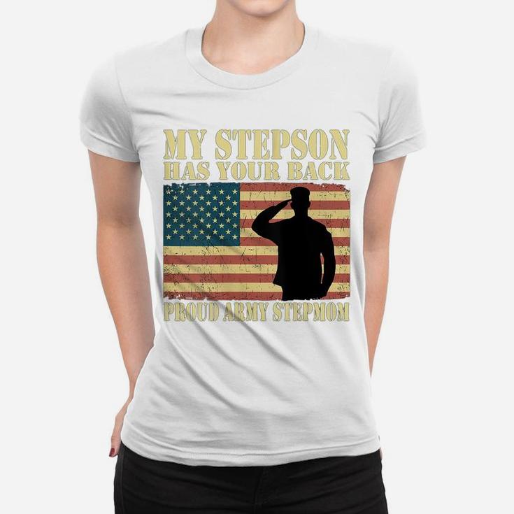 Womens My Stepson Has Your Back - Proud Army Stepmom Military Mom Women T-shirt