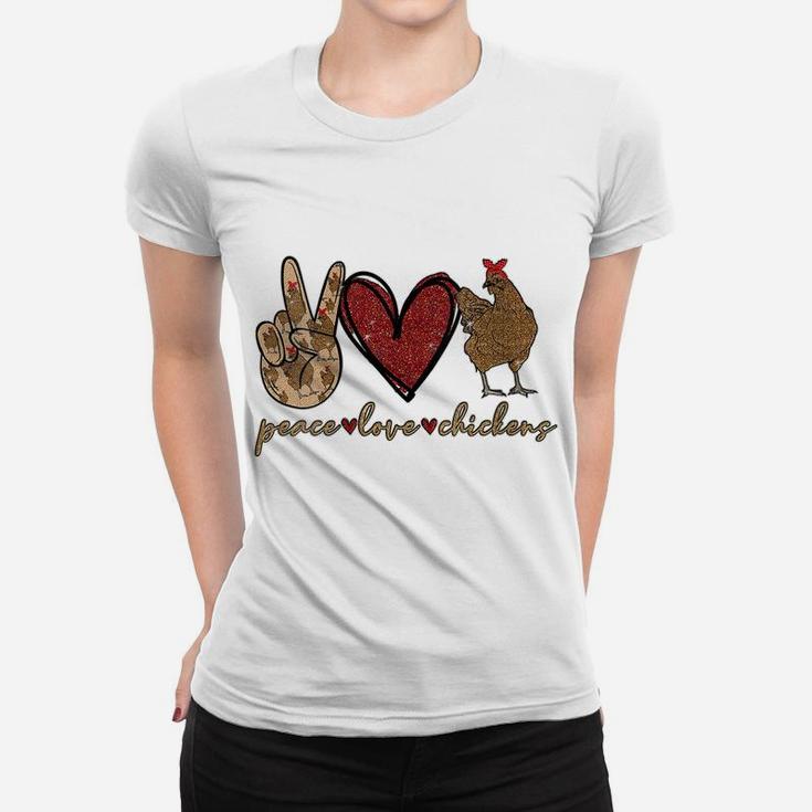 Womens Peace Love Chicken Gold Glitter For Chicken Lover Farmer Women T-shirt