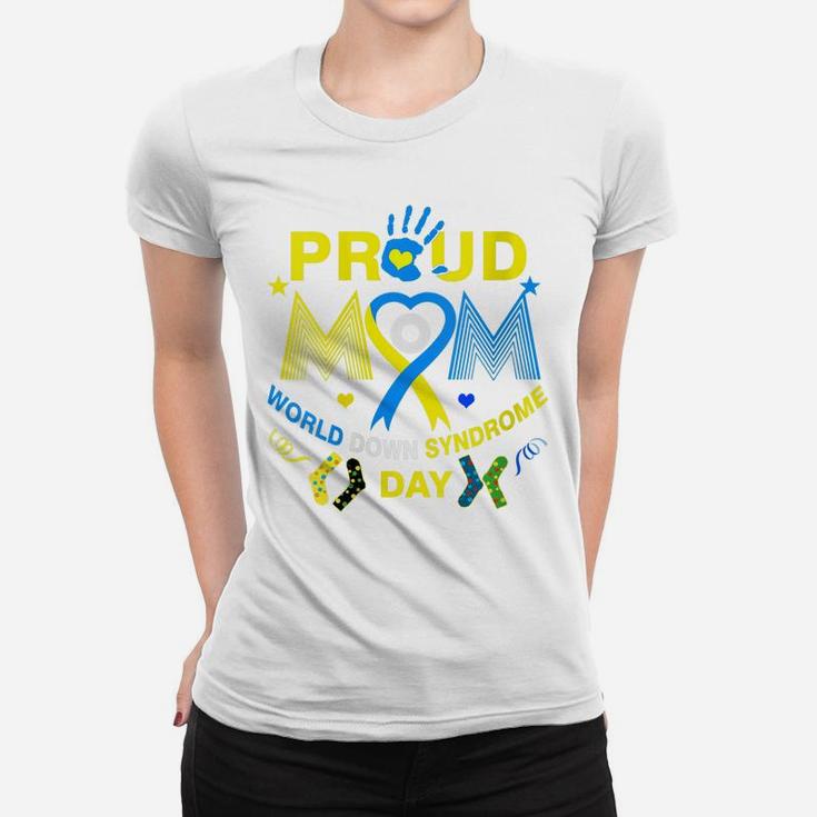 Womens Proud Mom Ribbon Yellow Blue Heart Down Syndrome Day Trisomy Women T-shirt