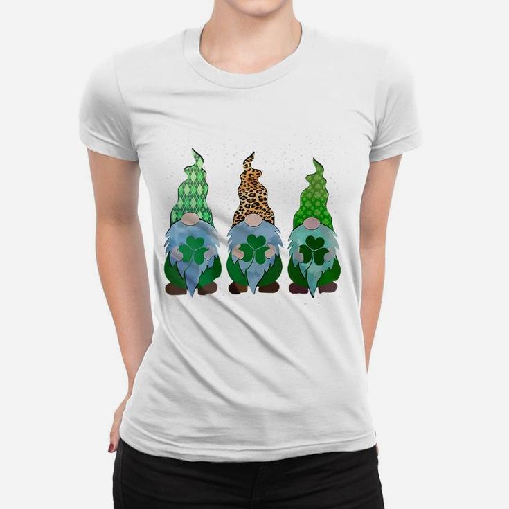 Womens Three Gnomes Shamrocks Buffalo Plaid Leopard St Patrick Day Women T-shirt