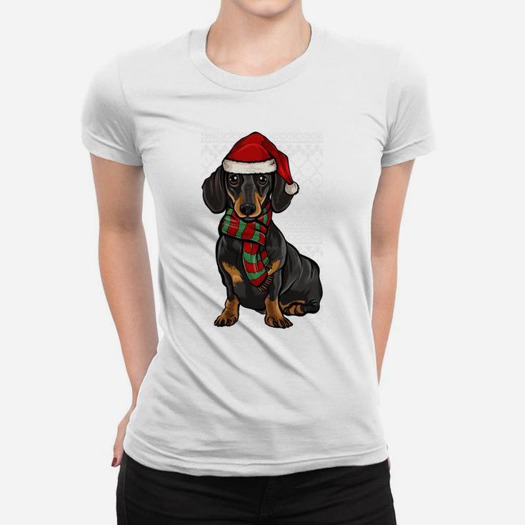 Xmas Black Dachshund Santa Claus Hat Ugly Christmas Sweatshirt Women T-shirt