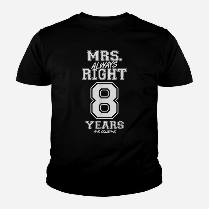 8 Years Being Mrs Always Right Funny Couples Anniversary Youth T-shirt