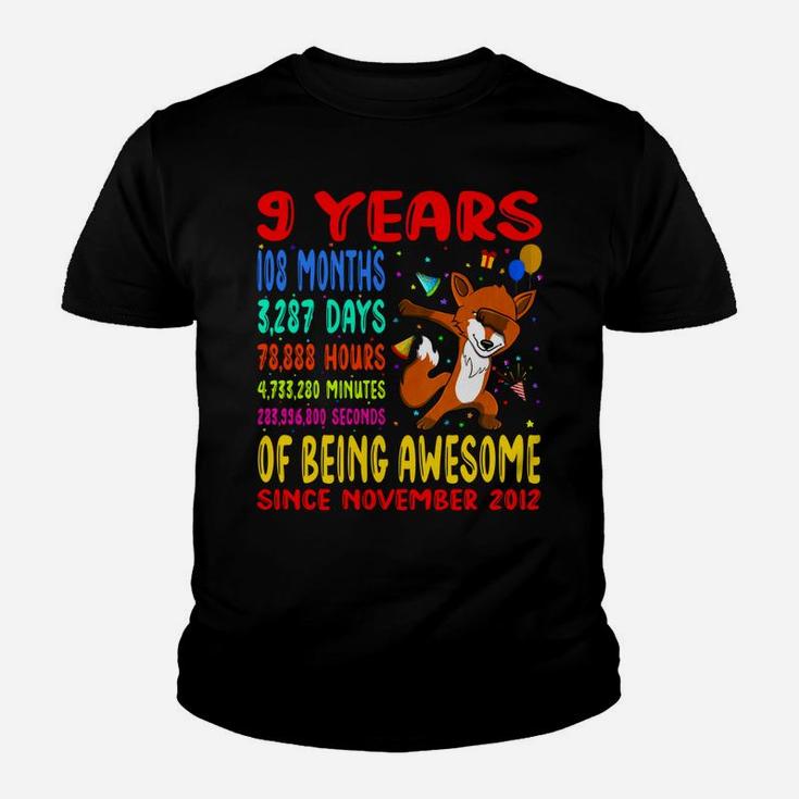 9 Years 108 Months Of Being Awesome 9Th Birthday Dabbing Fox Youth T-shirt