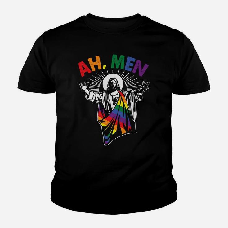 Ah Men Funny Lgbt Gay Pride Jesus Rainbow Flag Christian Youth T-shirt