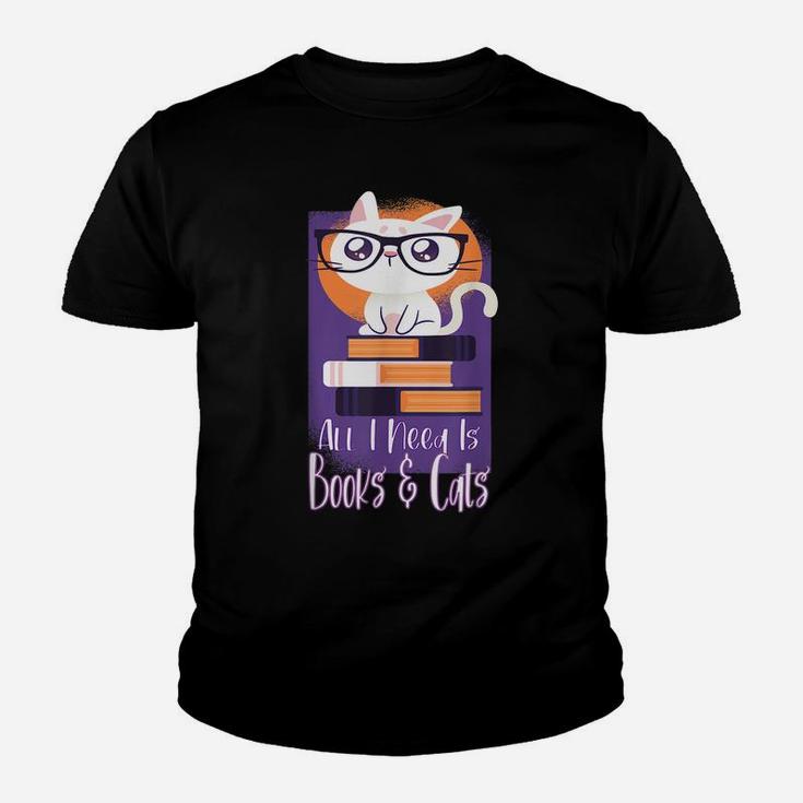 All I Need Is Books And Cats Pastel Cat Art For Book Lovers Youth T-shirt