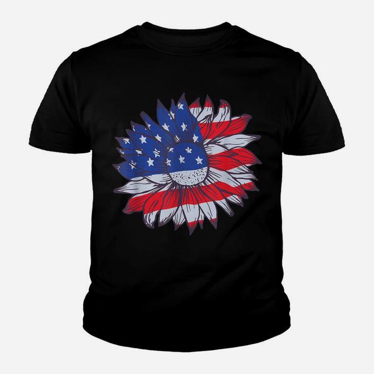 American Flag Sunflower Blooming Summer Flower Patriotic Youth T-shirt
