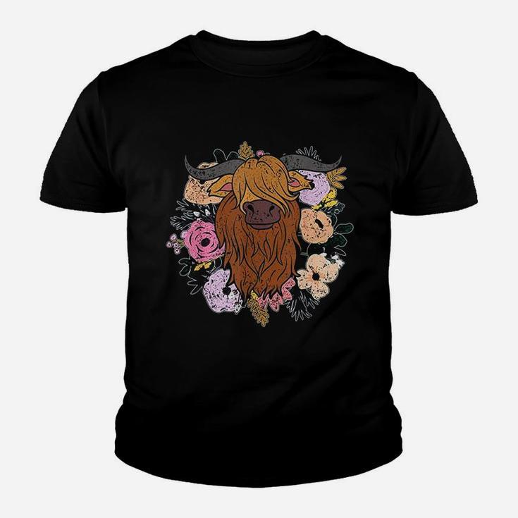 Animal Farmer Rose Flowers Highland Cow Youth T-shirt