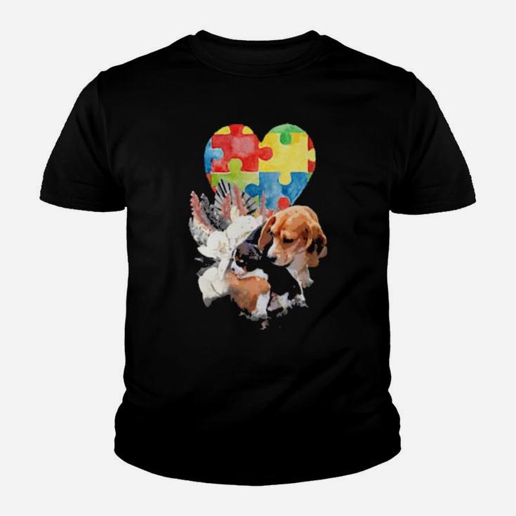 Autism Awareness Mommy Dog With Baby Puppy Puzzle Heart Love Shirt Youth T-shirt