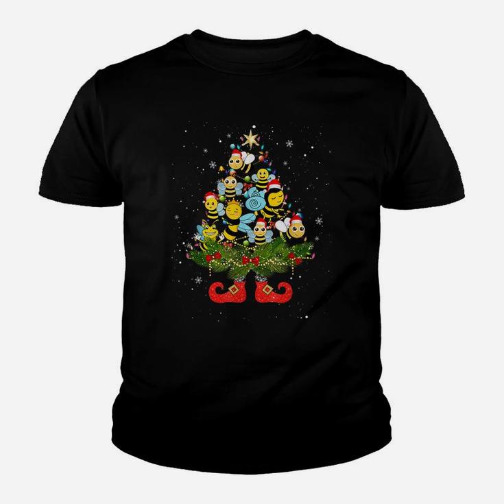 Bees Christmas Tree Lights Funny Santa Hat Lover Youth T-shirt