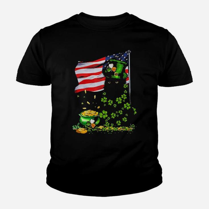 Black Cat Usa Flag Patrick Day Youth T-shirt