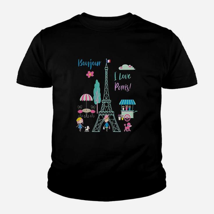Bonjour I Love Paris France Eiffel Tower Youth T-shirt