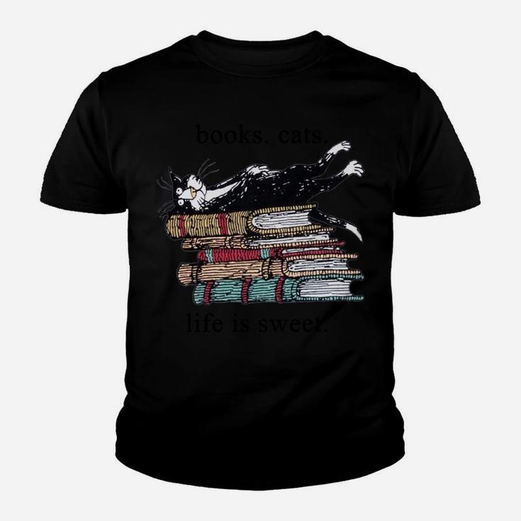 Books Cats Life Is Sweet Cat Book Lovers Reading Book Sweatshirt Youth T-shirt