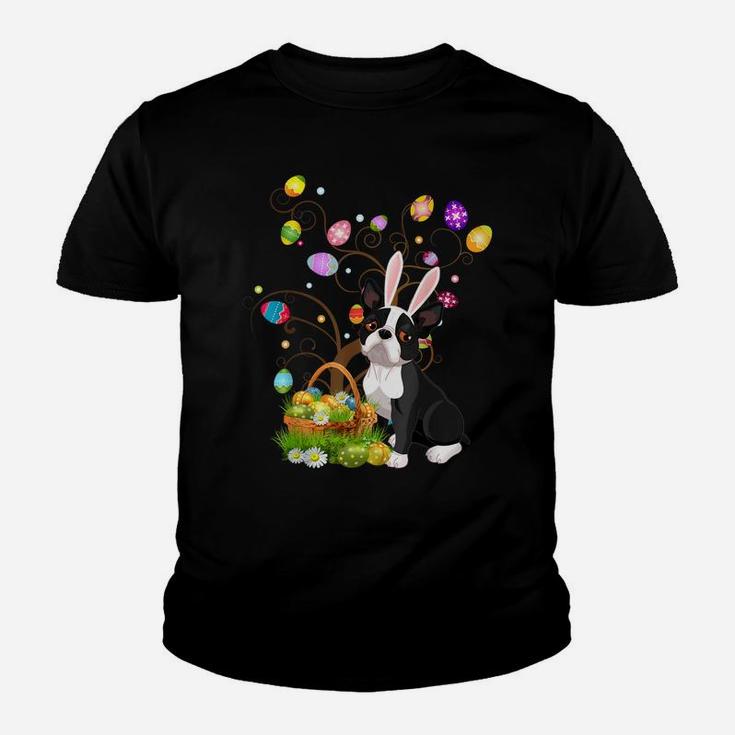 Boston Terrier Pet Dog Hunting Egg Tree Bunny Easter Day Youth T-shirt