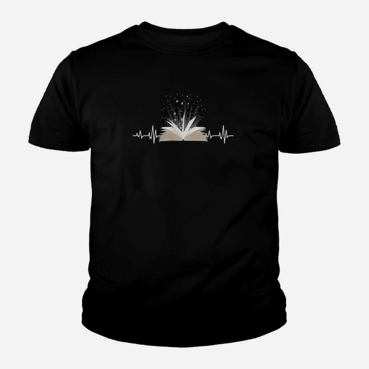 Bücherherz Pulslinien-Design Schwarzes Kinder Tshirt für Buchliebhaber