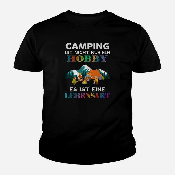 Camping-Lebensart Kinder Tshirt, Schwarzes mit Zeltdruck & Spruch