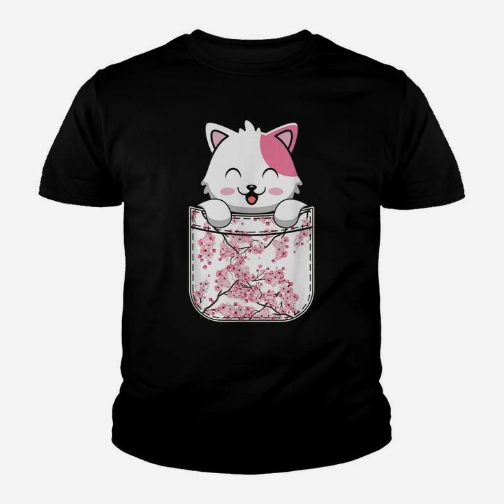 Cat Anime Kawaii Neko Cherry Blossom Sakura Flower Pocket Youth T-shirt