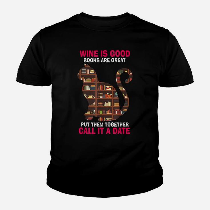 Cat Lovers Wine Is Good Books Reader Funny Cat Reading Youth T-shirt