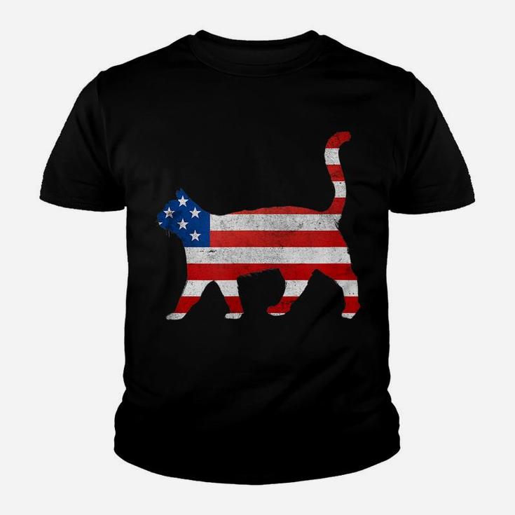Cat Silhouette Walk Usa Flag Patriotic Vintage Kitten Lovers Youth T-shirt