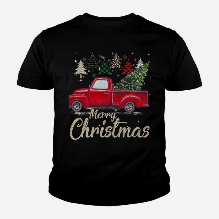 Chrismas Red Truck With Buffalo Plaid And Leopard Xmas Trees Youth T-shirt
